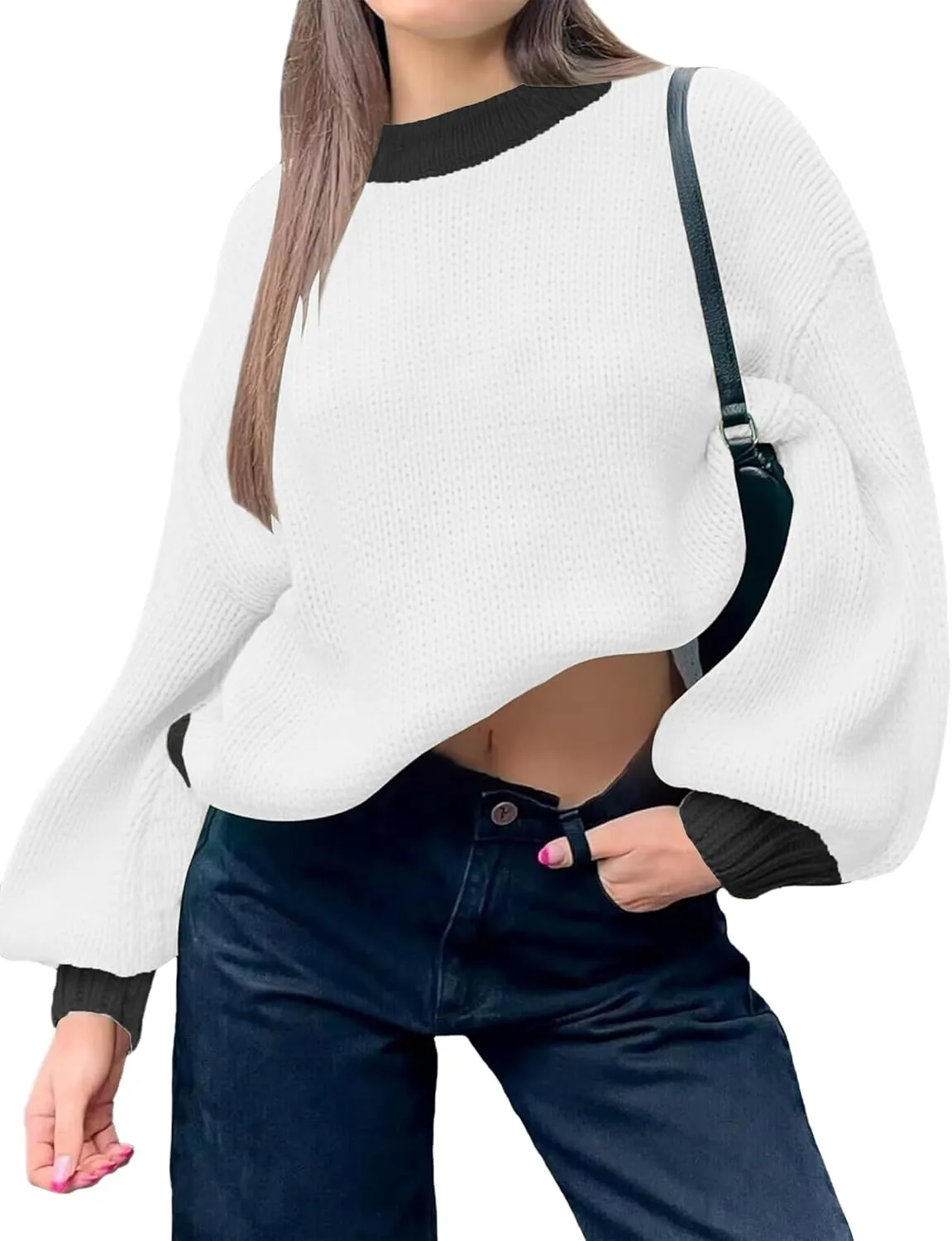 Womens Fall Cute Ribbed Knit Cropped Crewneck Color Block Long Sleeve Pullover Sweater 2024