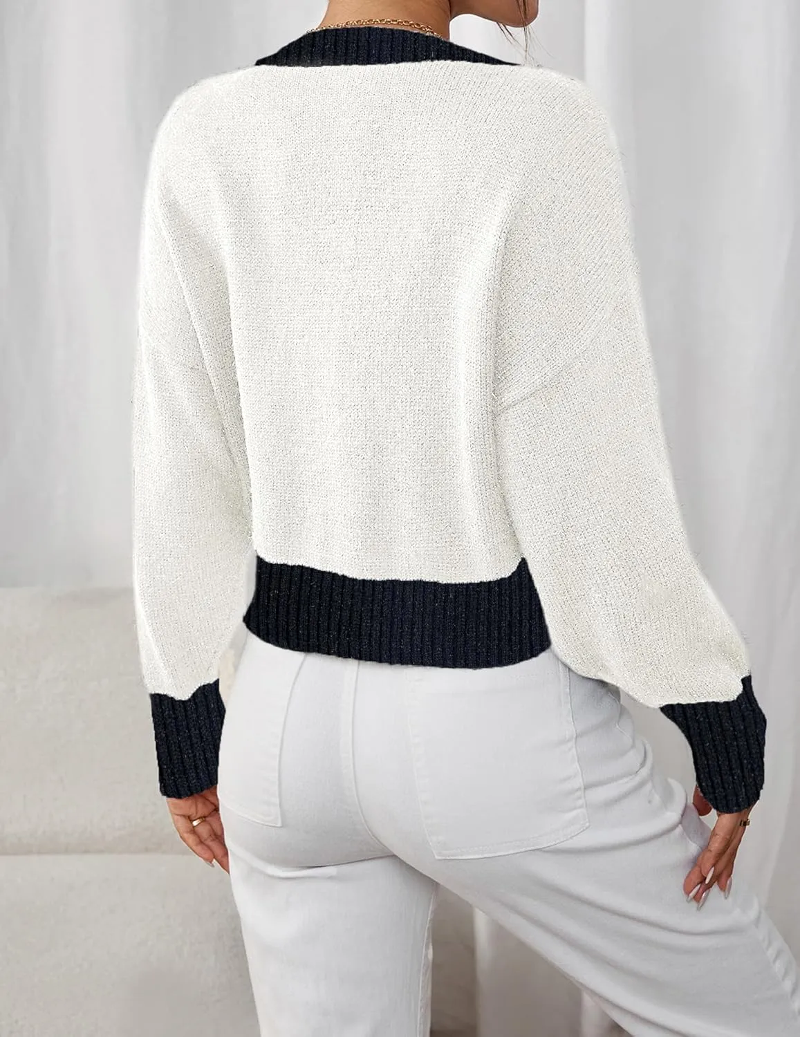 Womens Fall Cute Ribbed Knit Cropped Crewneck Color Block Long Sleeve Pullover Sweater 2024