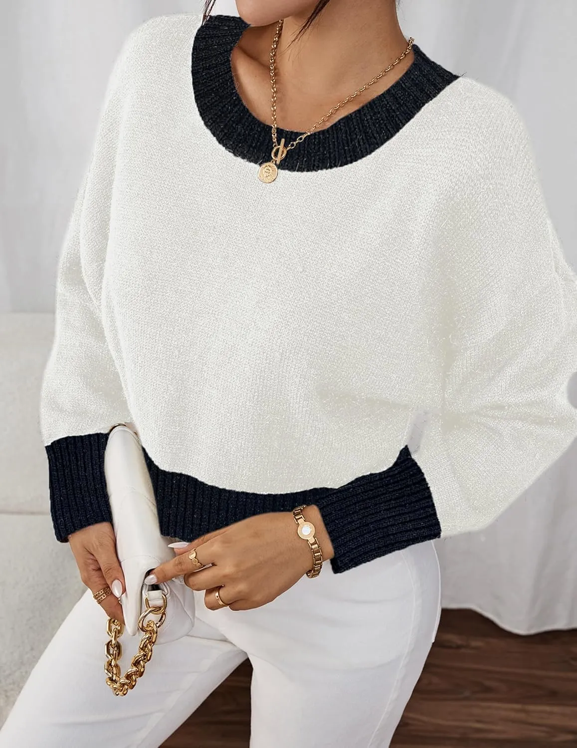 Womens Fall Cute Ribbed Knit Cropped Crewneck Color Block Long Sleeve Pullover Sweater 2024