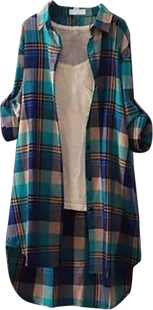 Womens Flannel Plaid Shirts 2024 Fall Long Sleeve Button Down Checked Casual Long Tail Shirt Jacket with Pockets