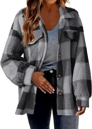 Womens Fuzzy Flannel Jacket Fall Fashion Sherpa Lined Plaid Shacket Jacket Long Sleeve Button Down Fleece Hoodies 