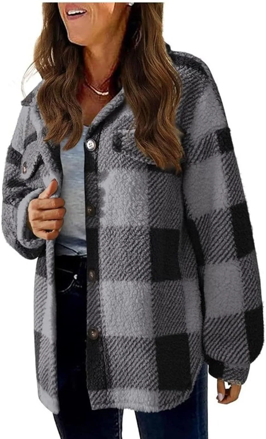 Womens Fuzzy Flannel Jacket Fall Fashion Sherpa Lined Plaid Shacket Jacket Long Sleeve Button Down Fleece Hoodies 