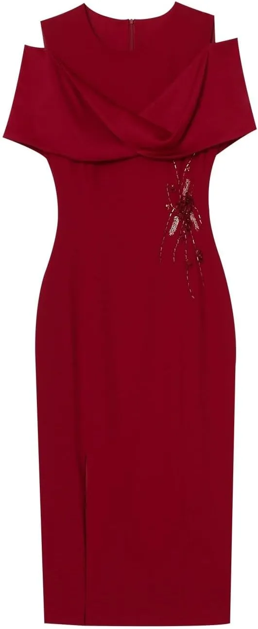 Women's Red Summer Dress Elegant Waist Cinching Slim Fit Midi Formal Evening Party Dresses for Wedding Party Cocktail
