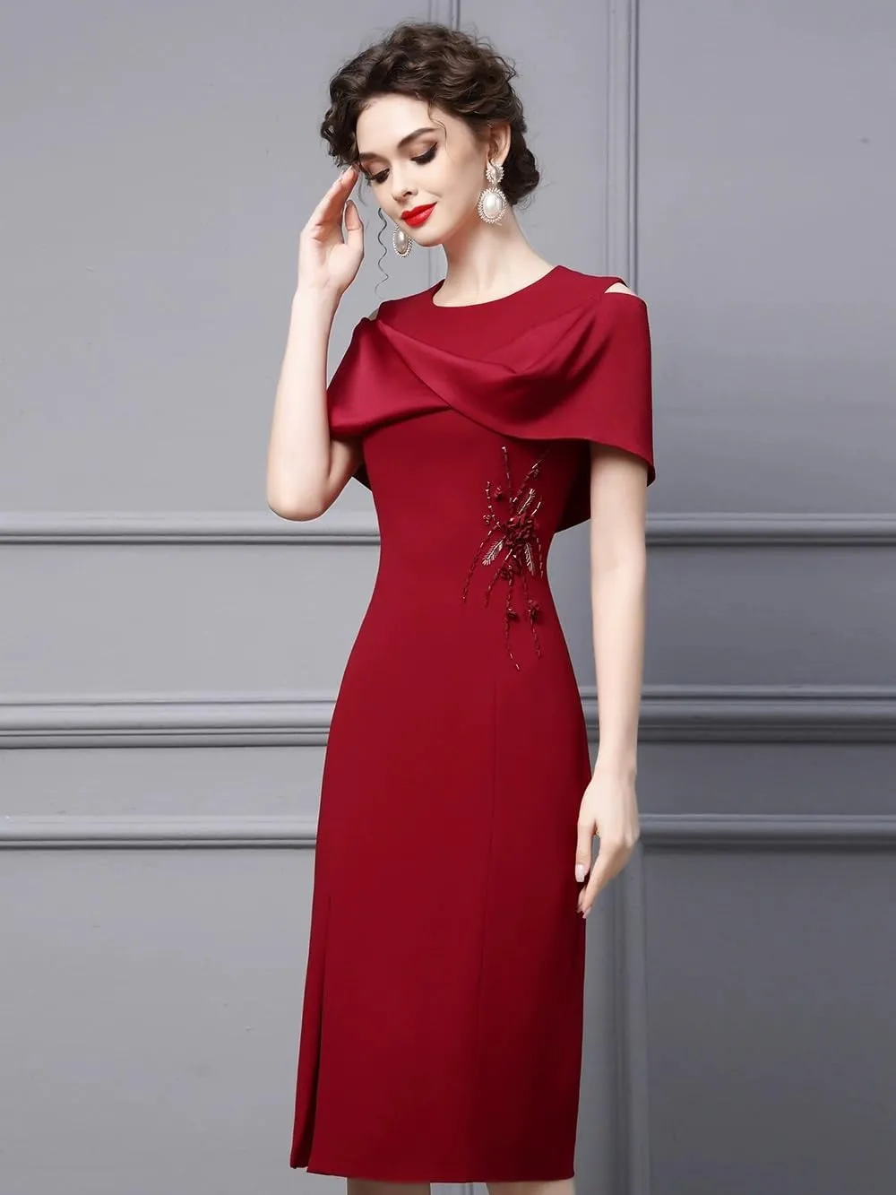 Women's Red Summer Dress Elegant Waist Cinching Slim Fit Midi Formal Evening Party Dresses for Wedding Party Cocktail