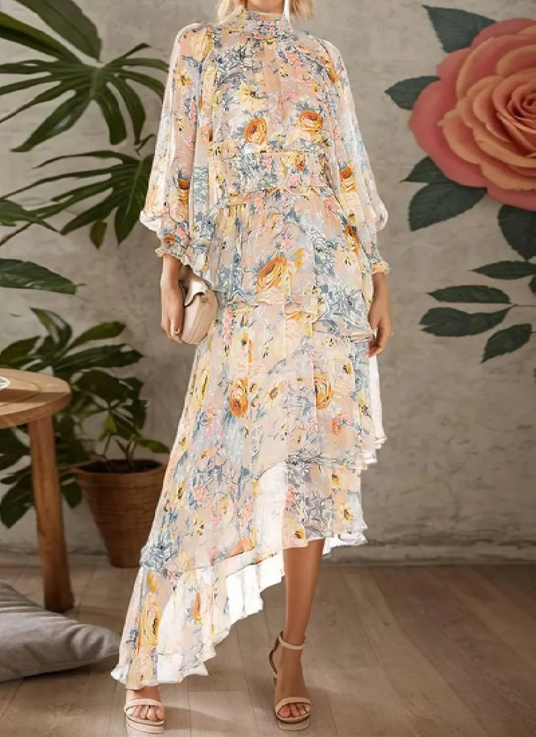 Womens Spring Floral Print Long Sleeve Dress Casual Mock Neck Ruffled Tiered Sundress Wedding Guest Maxi Dresses
