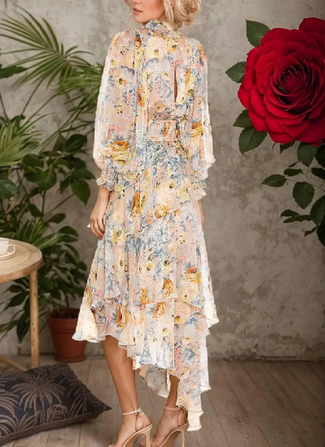 Womens Spring Floral Print Long Sleeve Dress Casual Mock Neck Ruffled Tiered Sundress Wedding Guest Maxi Dresses