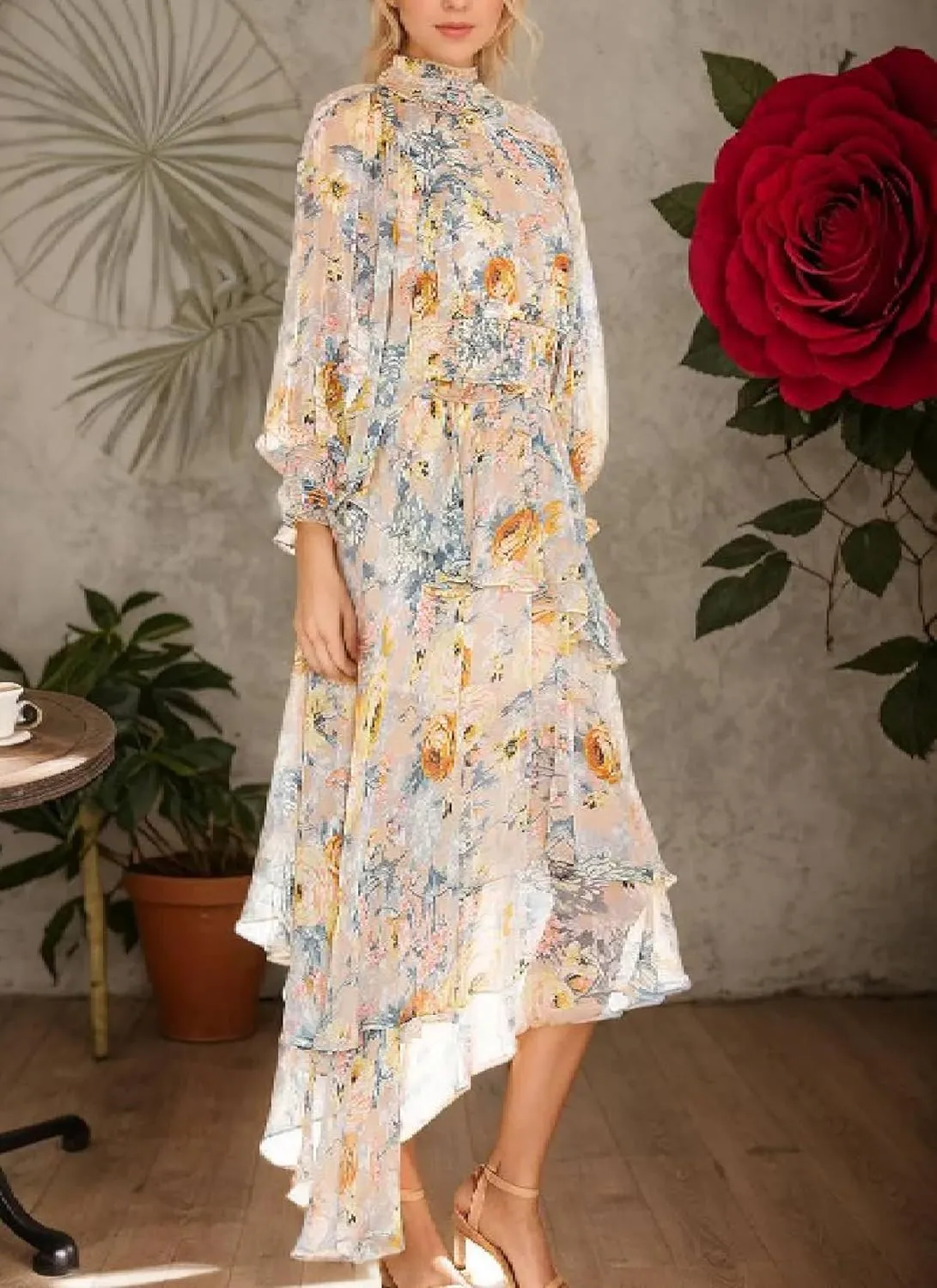Womens Spring Floral Print Long Sleeve Dress Casual Mock Neck Ruffled Tiered Sundress Wedding Guest Maxi Dresses