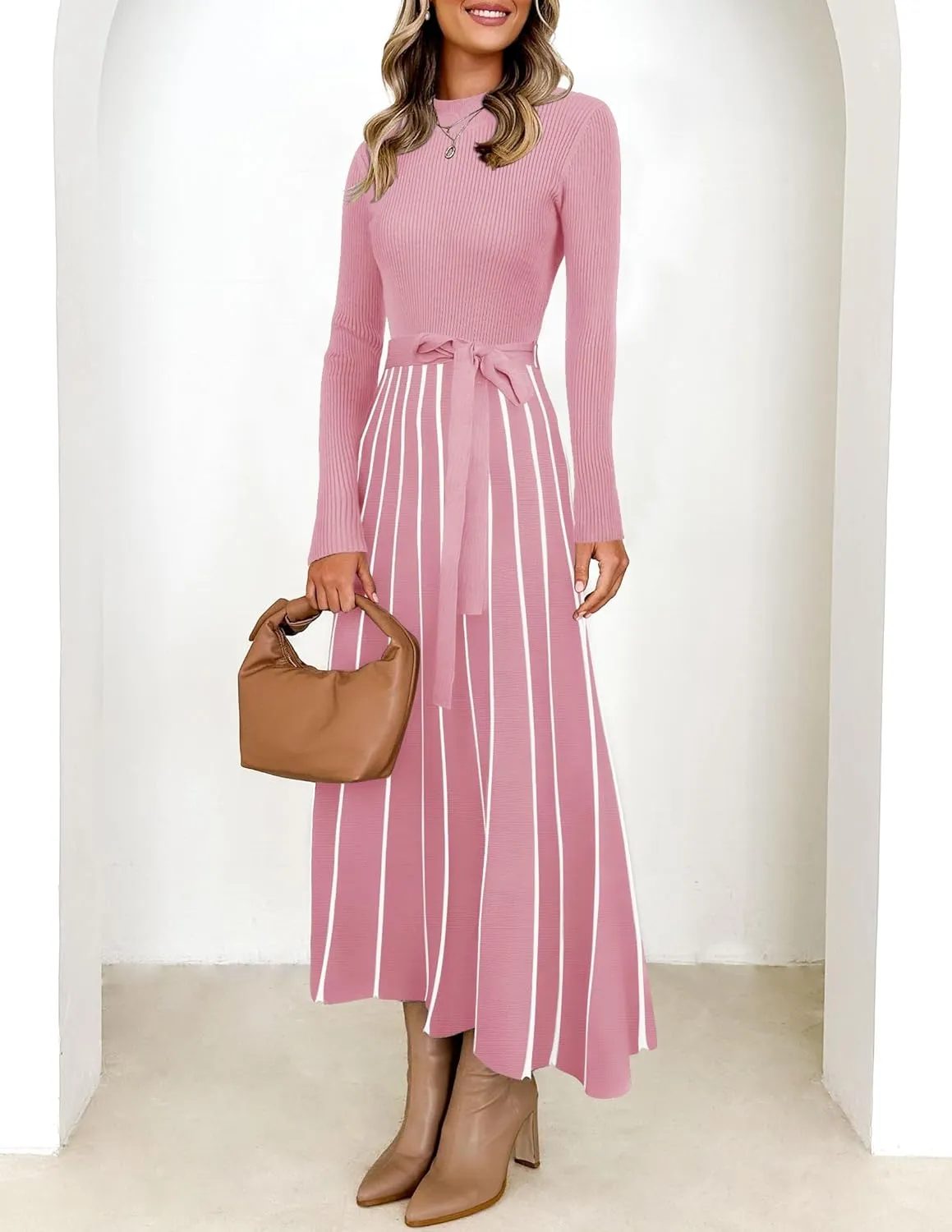 Womens Spring Turtleneck Long Sleeve Sweater Dress Tie Waist Casual Loose Ribbed Knit A Line Midi Dresses