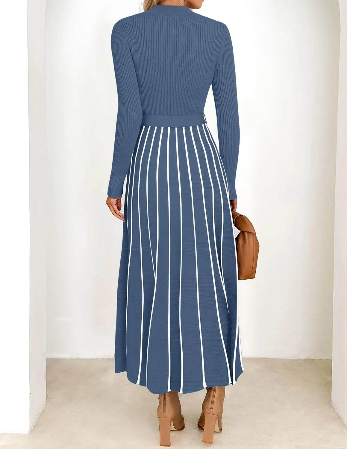 Womens Spring Turtleneck Long Sleeve Sweater Dress Tie Waist Casual Loose Ribbed Knit A Line Midi Dresses