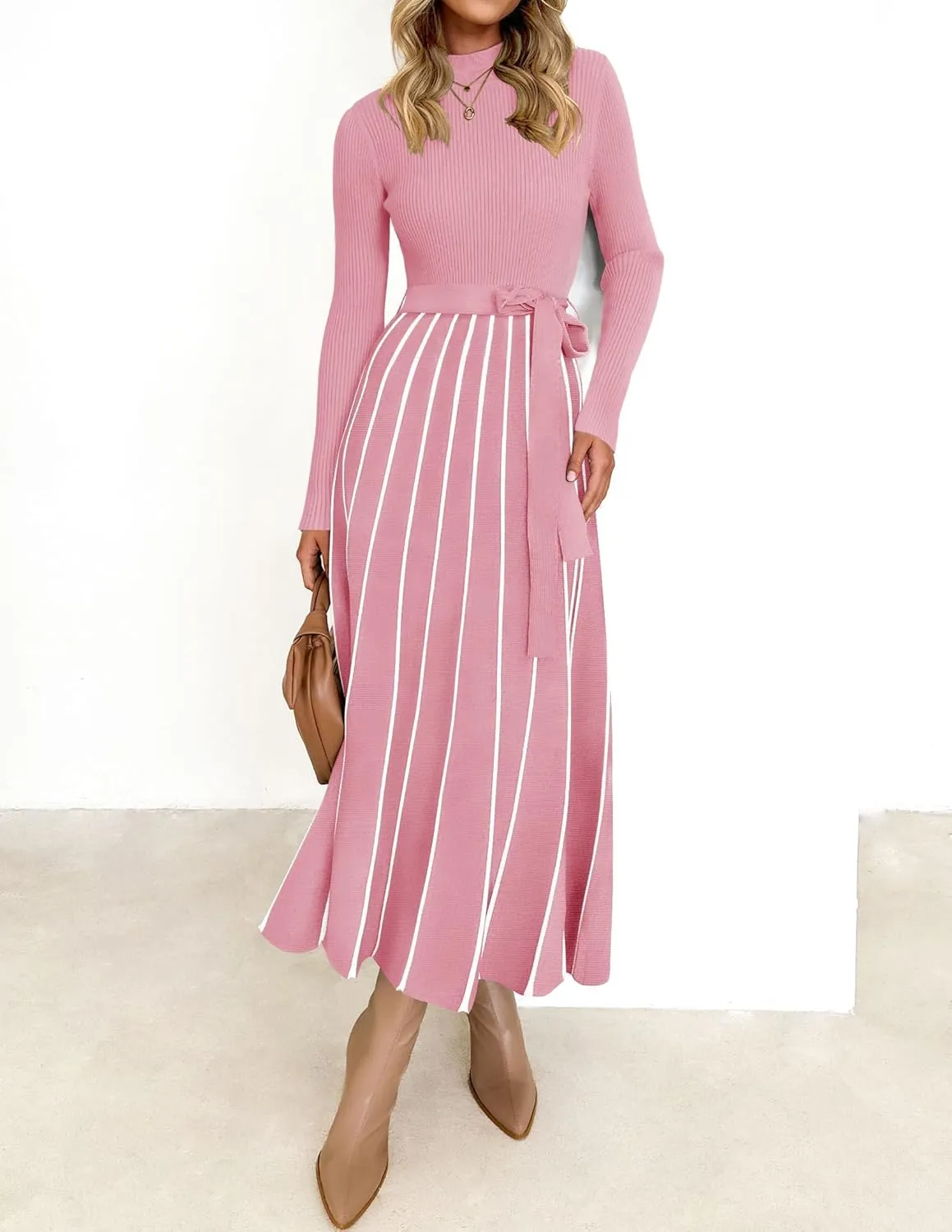 Womens Spring Turtleneck Long Sleeve Sweater Dress Tie Waist Casual Loose Ribbed Knit A Line Midi Dresses