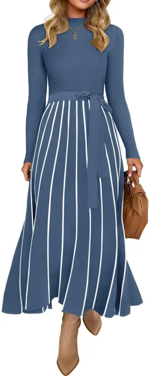 Womens Spring Turtleneck Long Sleeve Sweater Dress Tie Waist Casual Loose Ribbed Knit A Line Midi Dresses