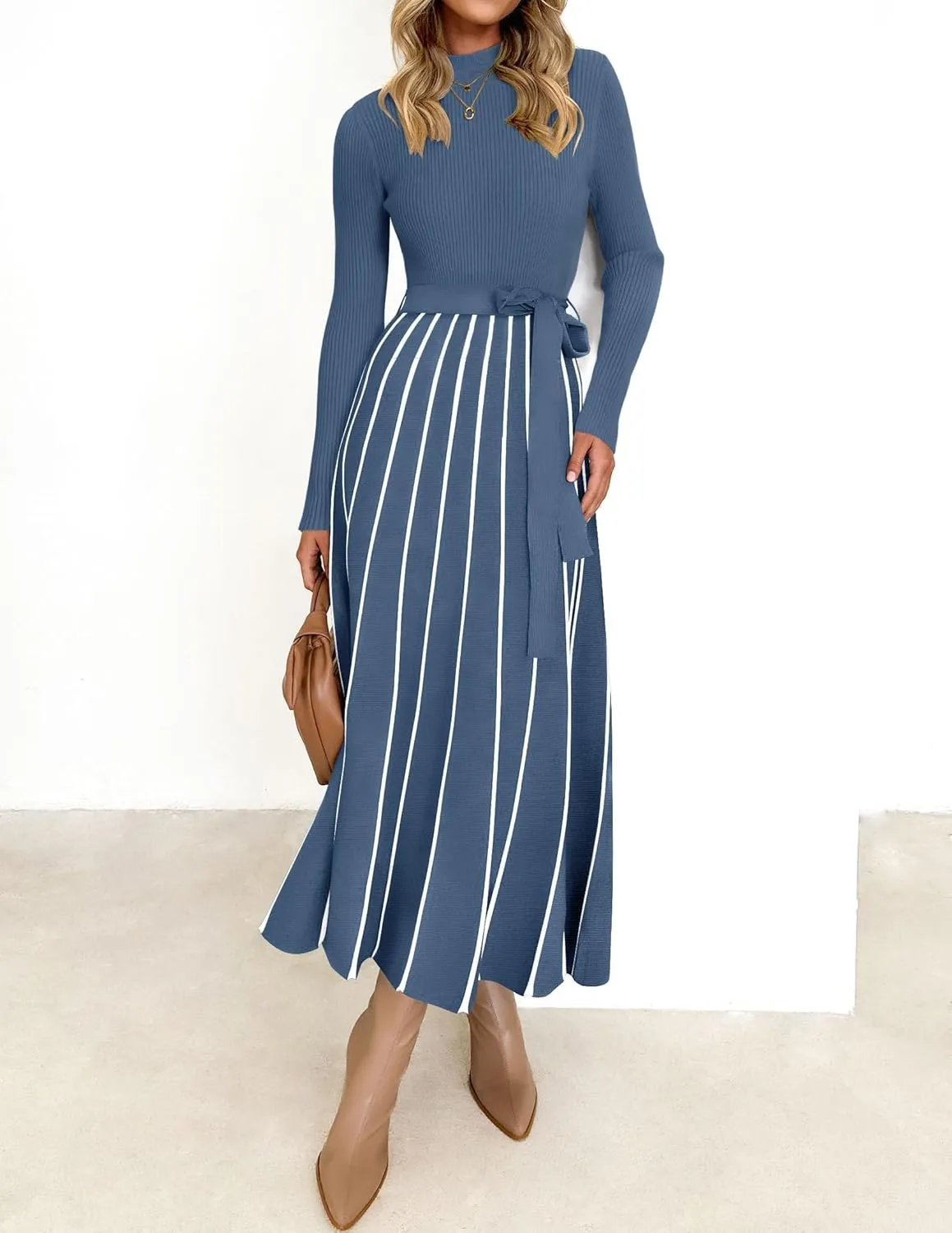 Womens Spring Turtleneck Long Sleeve Sweater Dress Tie Waist Casual Loose Ribbed Knit A Line Midi Dresses