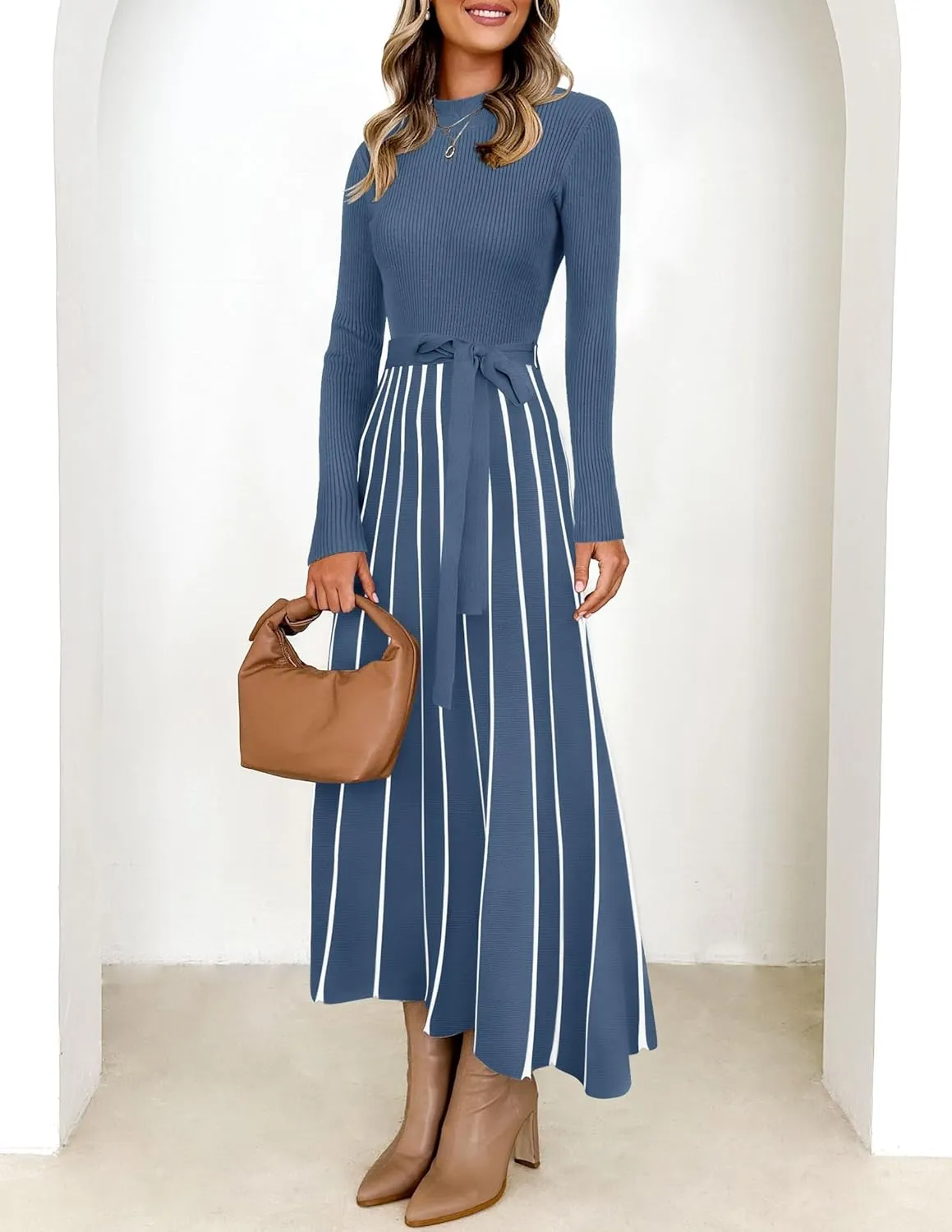 Womens Spring Turtleneck Long Sleeve Sweater Dress Tie Waist Casual Loose Ribbed Knit A Line Midi Dresses