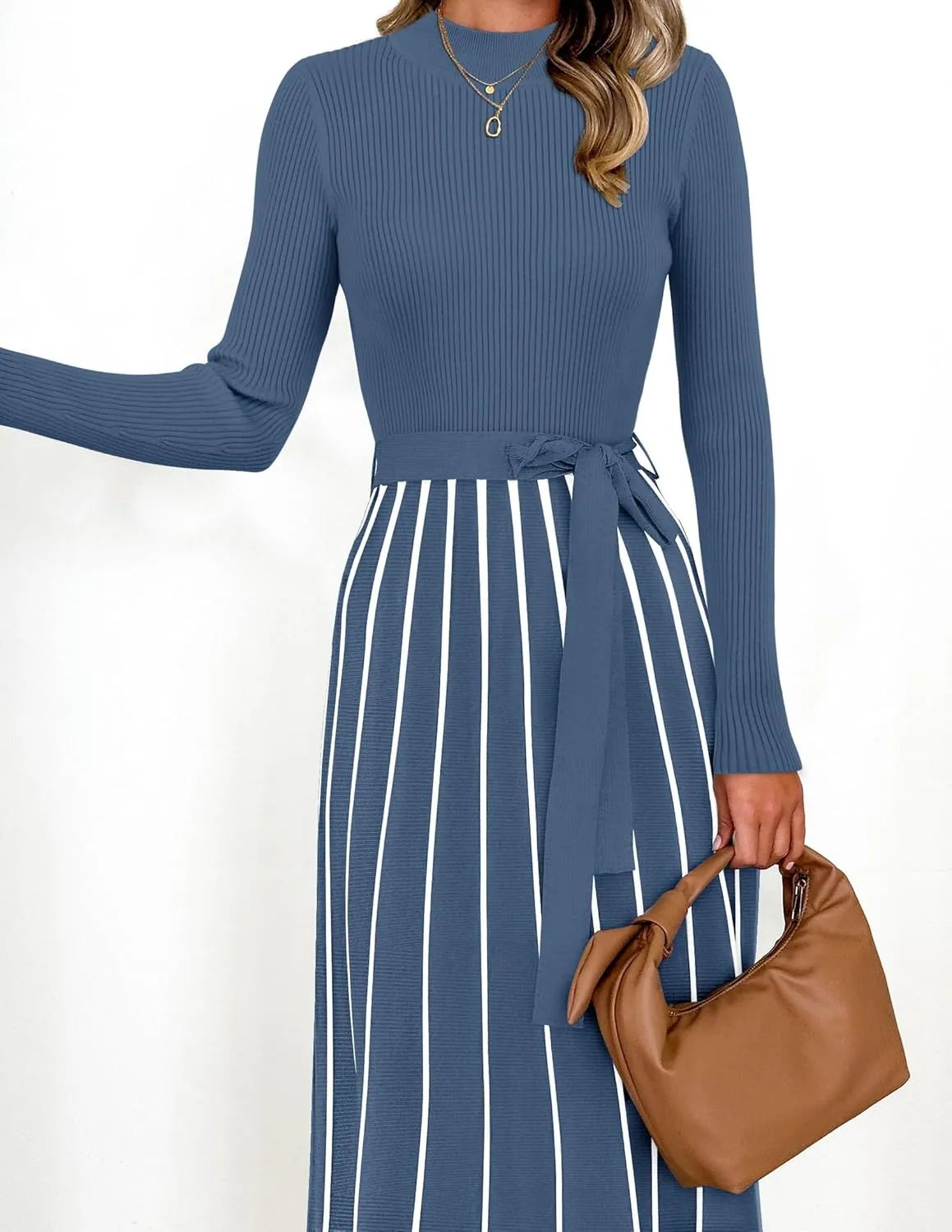 Womens Spring Turtleneck Long Sleeve Sweater Dress Tie Waist Casual Loose Ribbed Knit A Line Midi Dresses