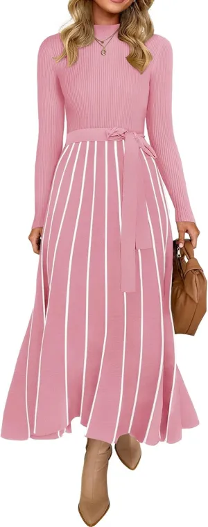 Womens Spring Turtleneck Long Sleeve Sweater Dress Tie Waist Casual Loose Ribbed Knit A Line Midi Dresses