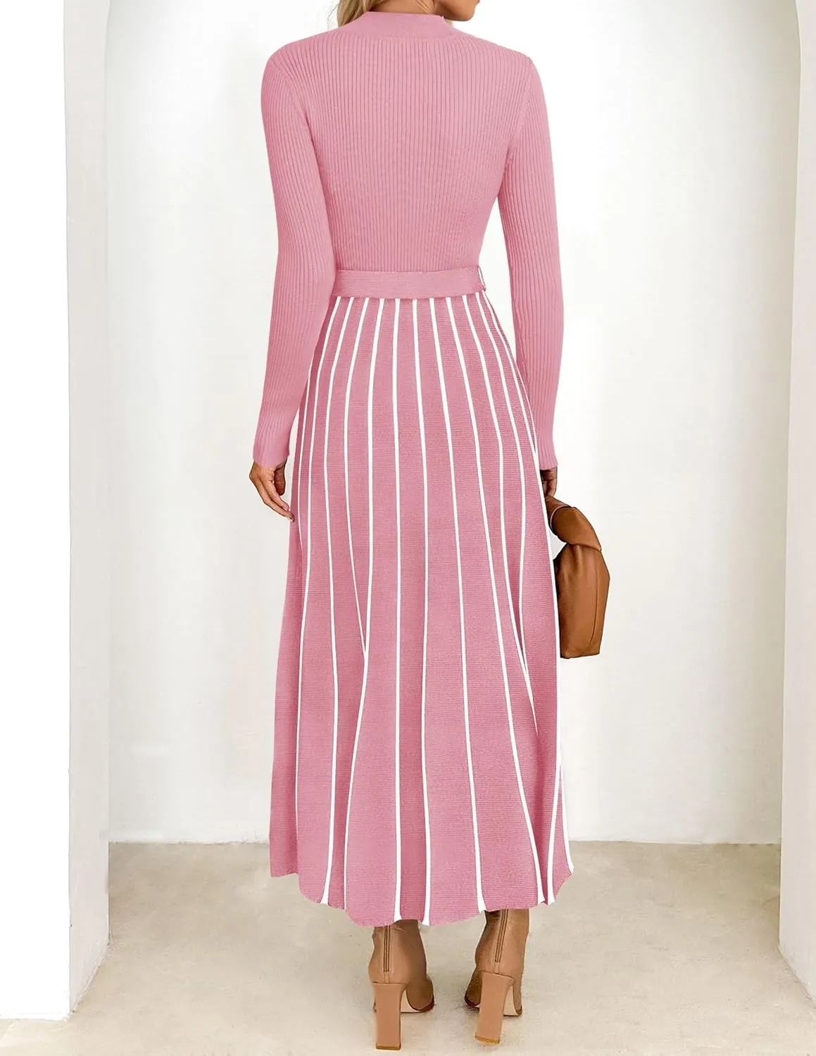 Womens Spring Turtleneck Long Sleeve Sweater Dress Tie Waist Casual Loose Ribbed Knit A Line Midi Dresses