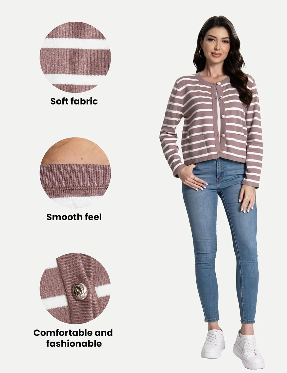 Women's Striped Cardigan Sweaters Trendy Long Sleeve Crew Neck Button Open Front Loose Lightweight Knit Crop Sweater