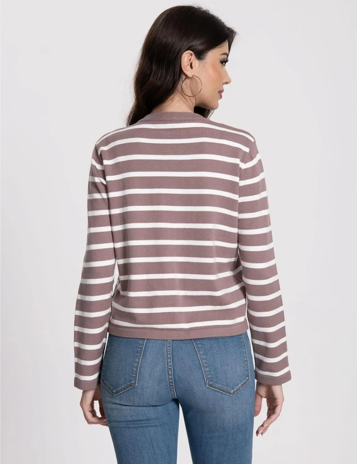 Women's Striped Cardigan Sweaters Trendy Long Sleeve Crew Neck Button Open Front Loose Lightweight Knit Crop Sweater