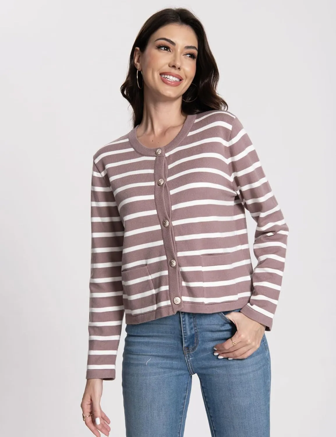 Women's Striped Cardigan Sweaters Trendy Long Sleeve Crew Neck Button Open Front Loose Lightweight Knit Crop Sweater