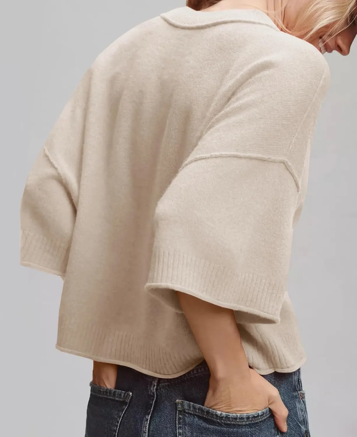 ZDC Women's Oversized Sweaters Summer 3/4 Sleeve Casual Cropped Tops Lightweight Loose Fit Knit Pullover